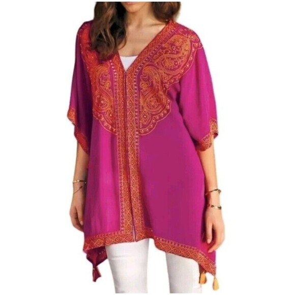 Soft Surroundings Blouse Womens S/M Magenta Embroidered Topper Kimono Catalpa - Picture 1 of 12